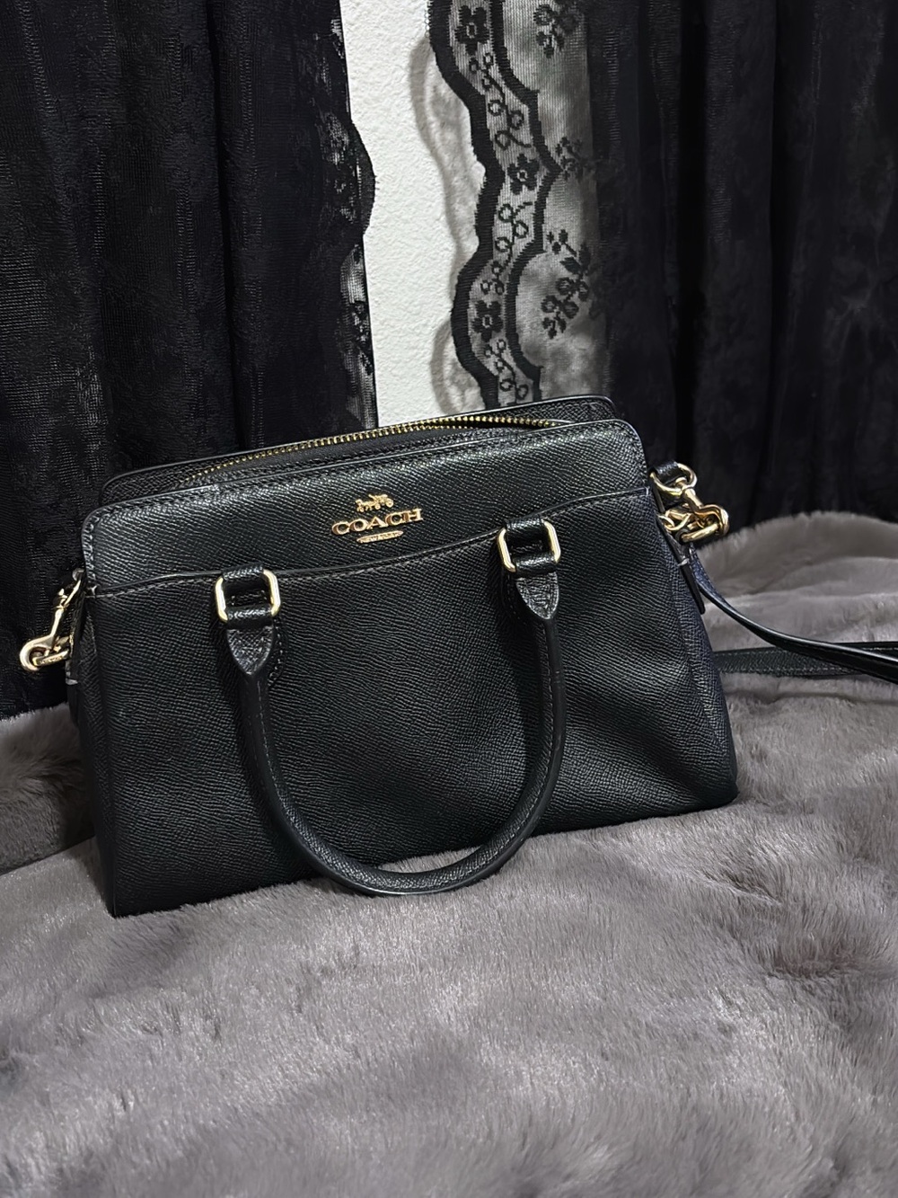 Coach Darcy carry all Black Pebbled Leather Satchel with Gold Hardware